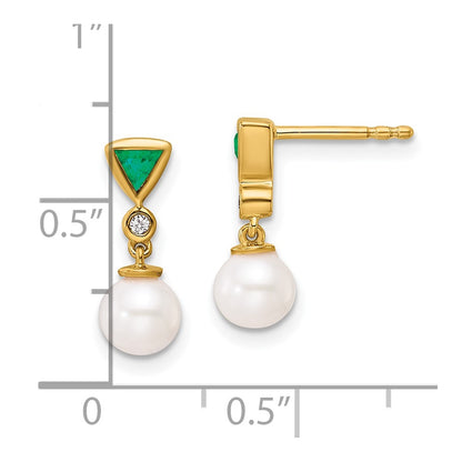 14K Yellow Gold Round Freshwater Cultured Pearl/.02 carat Diamond/Trillion Emerald Dangle Post Earrings