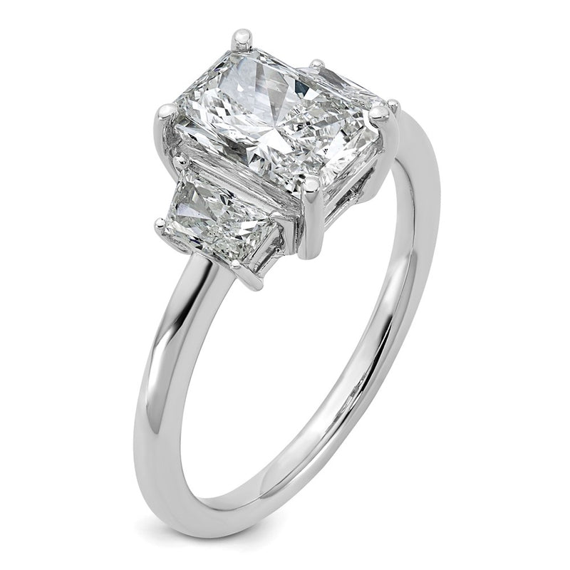 14K White Gold 1/2 carat Lab Grown Diamond VS+ F+ Trapezoid 1 1/2 carat Radiant Center Semi Mount Three Stone Engagement Ring