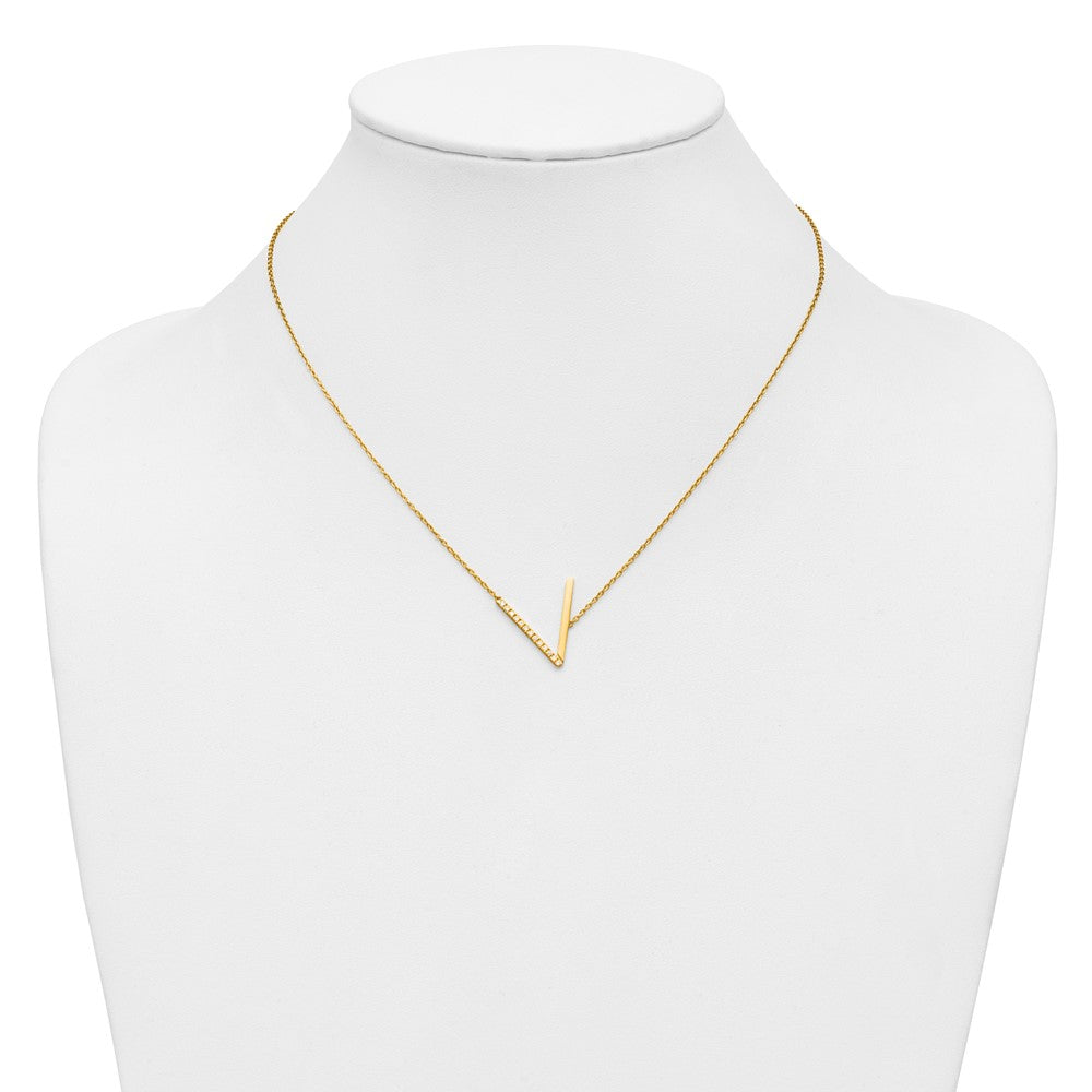 14K Yellow Gold Sideways Diamond Initial V 18 Inch Necklace