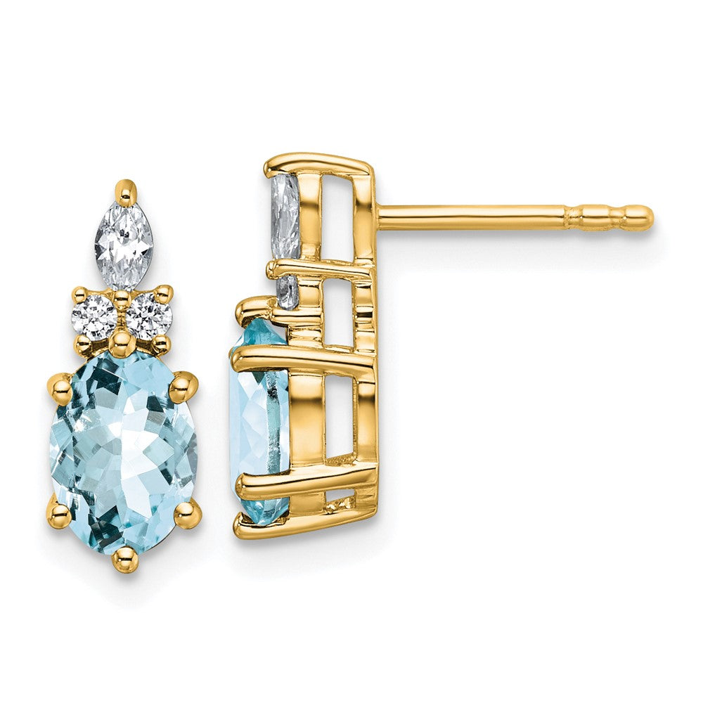 14K Yellow Gold Diamond and 7x5 Oval March/Aquamarine Post Earrings