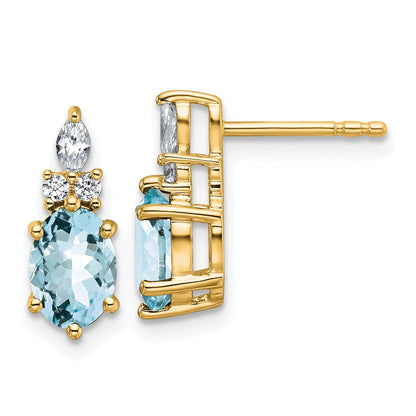 14K Yellow Gold Diamond and 7x5 Oval March/Aquamarine Post Earrings