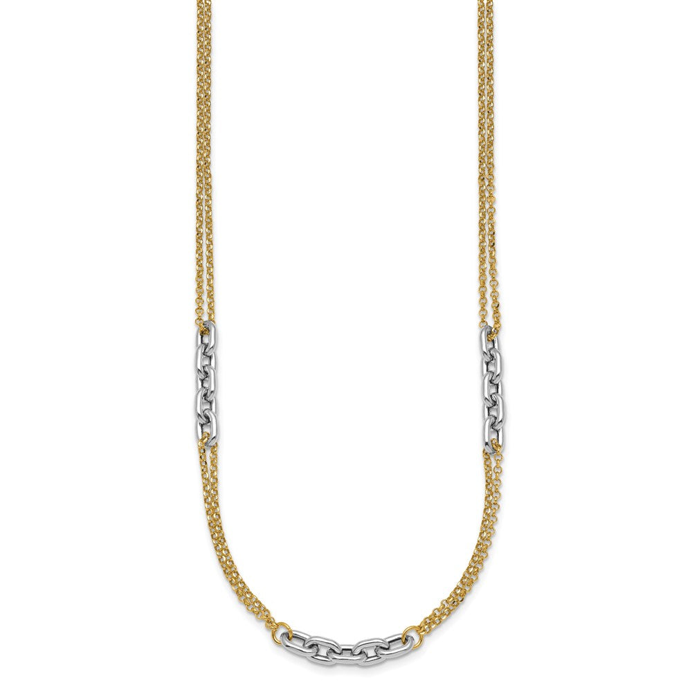 14K Two-Tone Gold Polished 4.8mm Fancy Oval Link and Double Strand Chain 17 Inch Necklace Plus 2 Inch Extender
