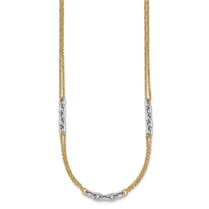 14K Two-Tone Gold Polished 4.8mm Fancy Oval Link and Double Strand Chain 17 Inch Necklace Plus 2 Inch Extender