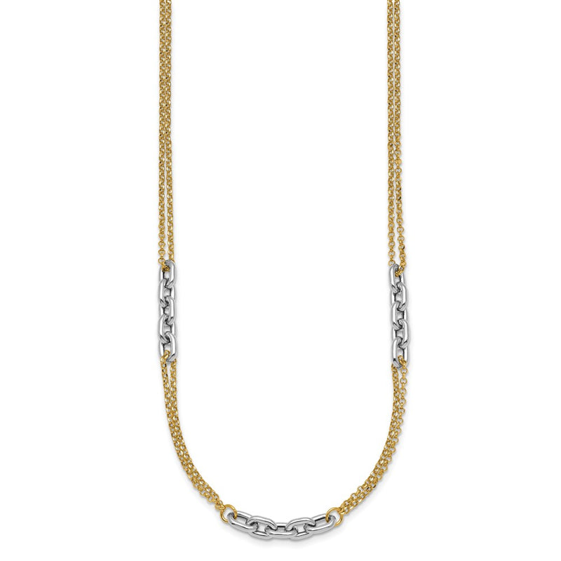 14K Two-Tone Gold Polished 4.8mm Fancy Oval Link and Double Strand Chain 17 Inch Necklace Plus 2 Inch Extender