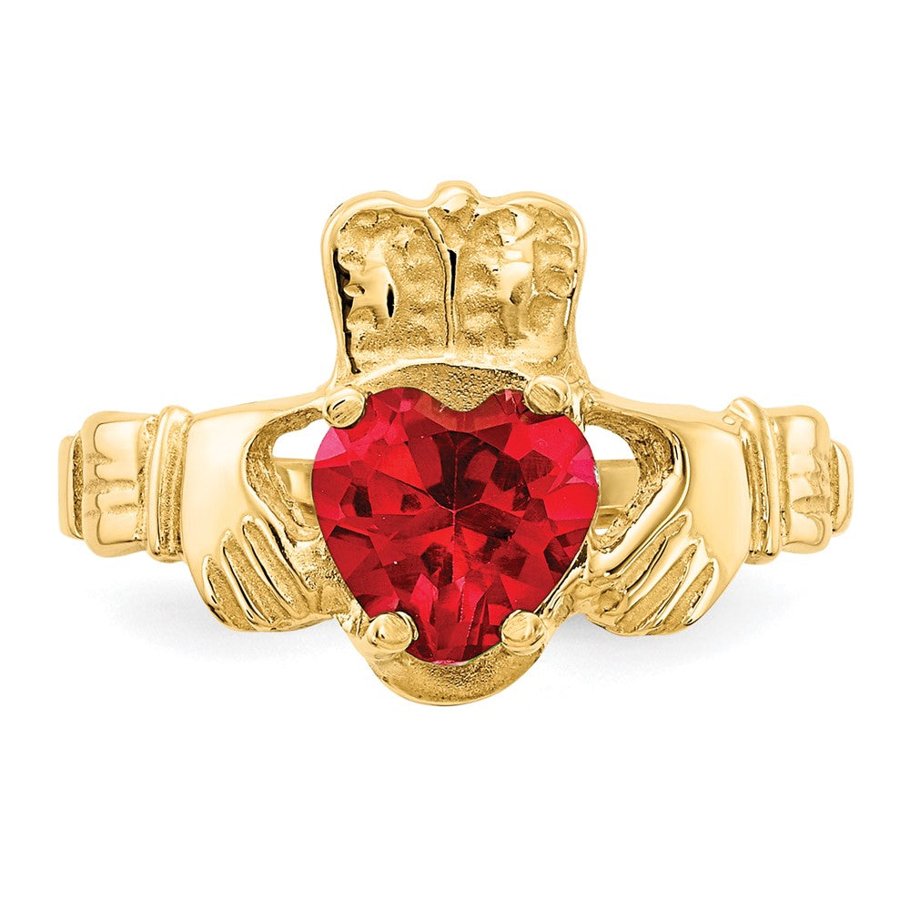 14K Yellow Gold July CZ Heart Birthstone Claddagh Ring