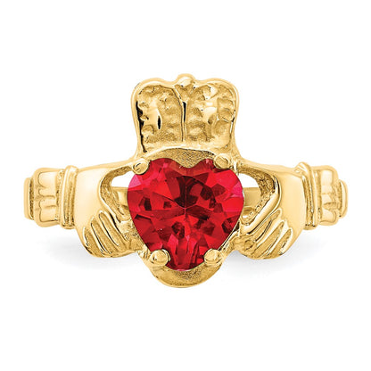 14K Yellow Gold July CZ Heart Birthstone Claddagh Ring