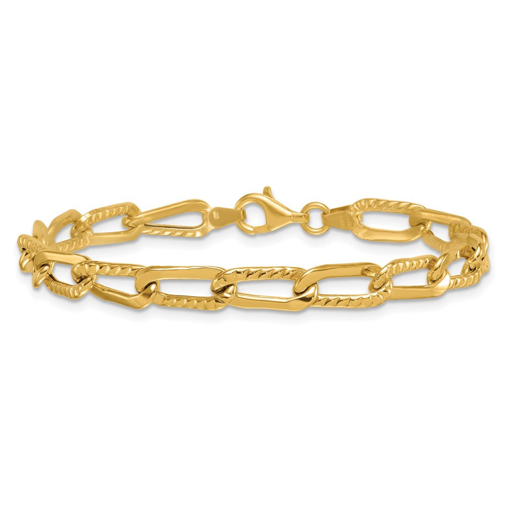14K Yellow Gold Polished and Textured Fancy Long Link 7.5 Inch Bracelet