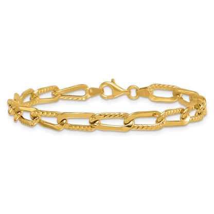 14K Yellow Gold Polished and Textured Fancy Long Link 7.5 Inch Bracelet