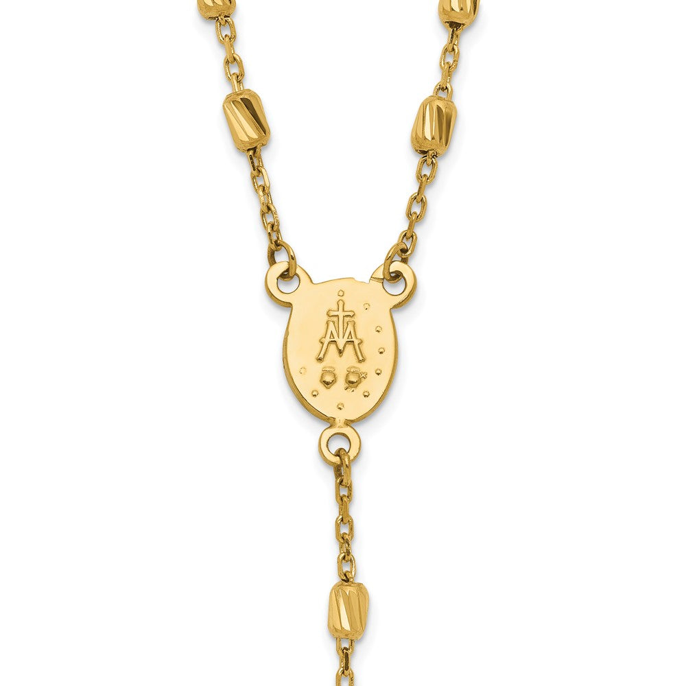 14K Yellow Gold Polished Cross and Miraculous Medal Diamond-cut Beaded 16.75 Inch Rosary Necklace with 2 Inch Extender