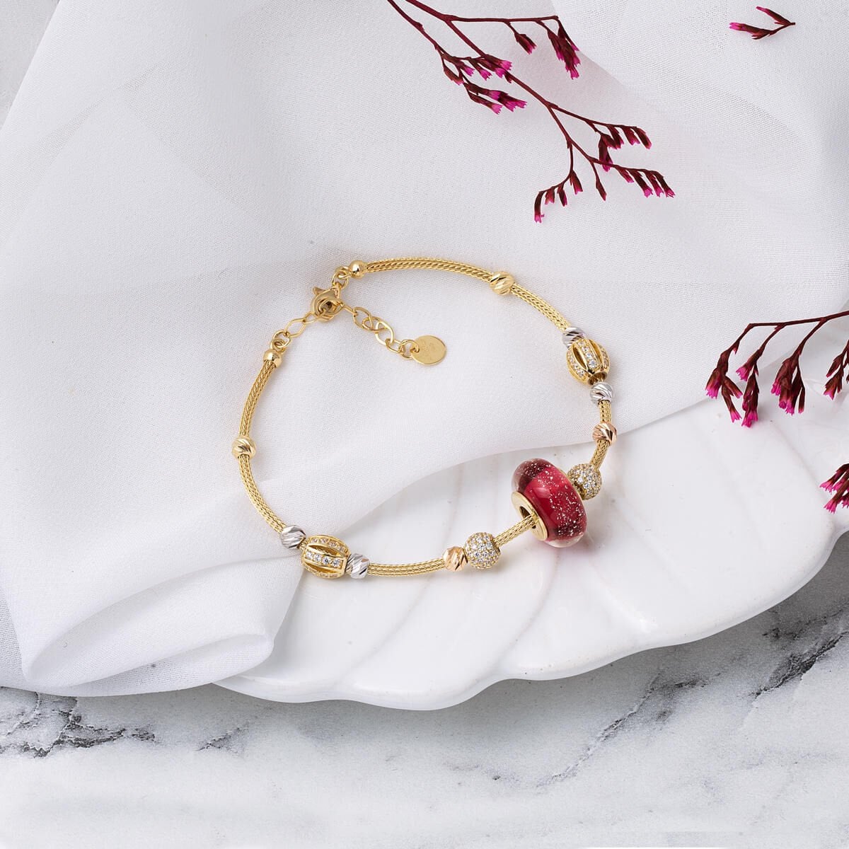 14K Yellow Gold Watermelon Bead Designer Inspired Cubic Zirconia Bracelet