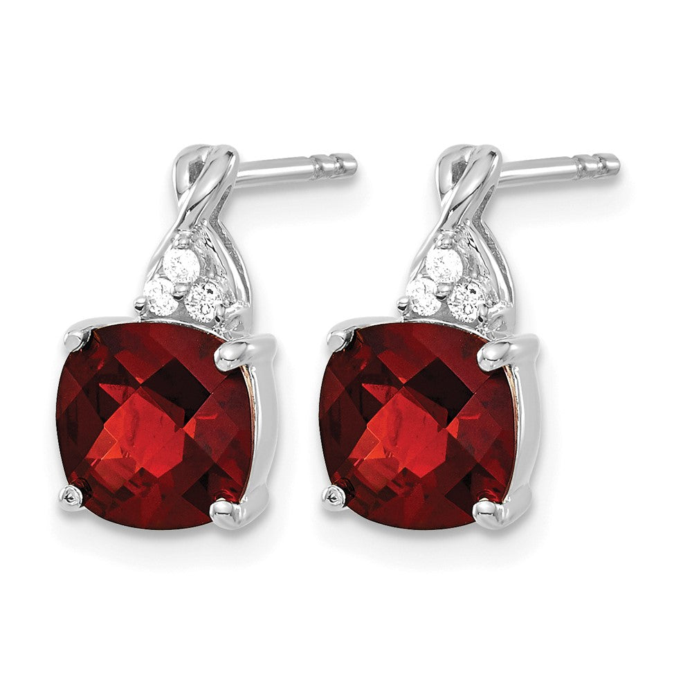 14K White Gold 7mm Cushion Checkerboard January/Garnet and Diamond Post Earrings