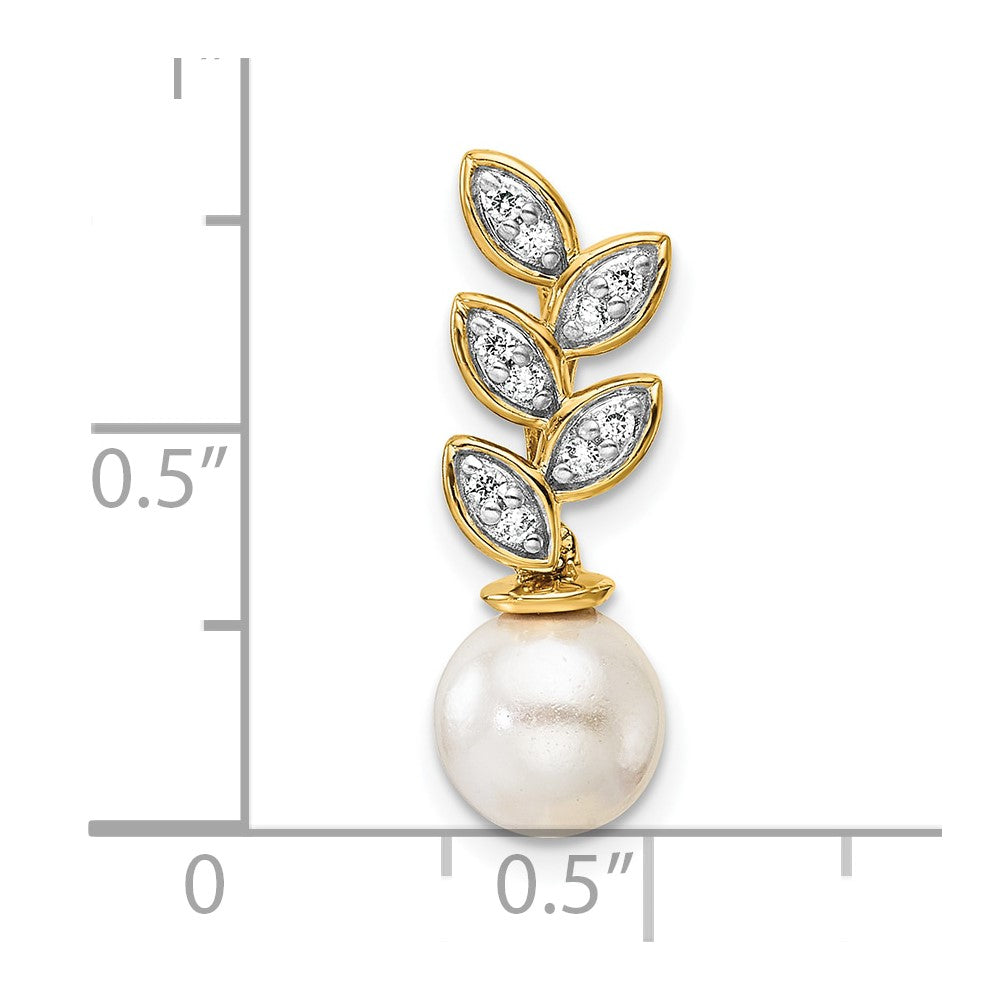 14K Yellow Gold Polished 1/15 carat Diamond and Freshwater Cultured Pearl Leaf Design Chain Slide