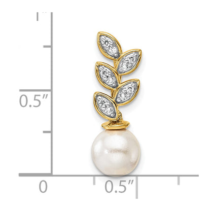 14K Yellow Gold Polished 1/15 carat Diamond and Freshwater Cultured Pearl Leaf Design Chain Slide