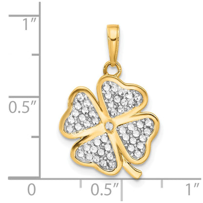 14K Yellow Gold and Rhodium Polished and Diamond-cut 4-Leaf Clover Pendant