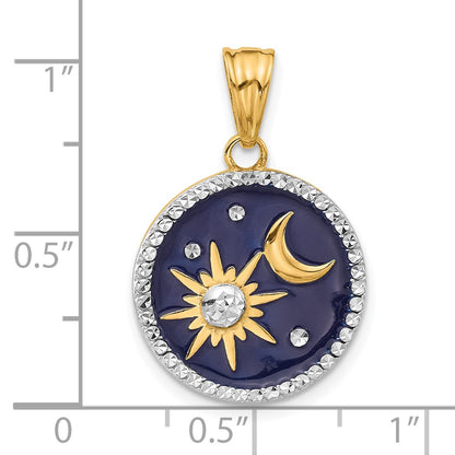 14K Yellow Gold and Rhodium Diamond-cut Blue Enameled Sun and Moon Pendant