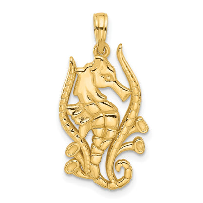 14K Yellow Gold Polished Fancy Seahorse in Kelp Charm