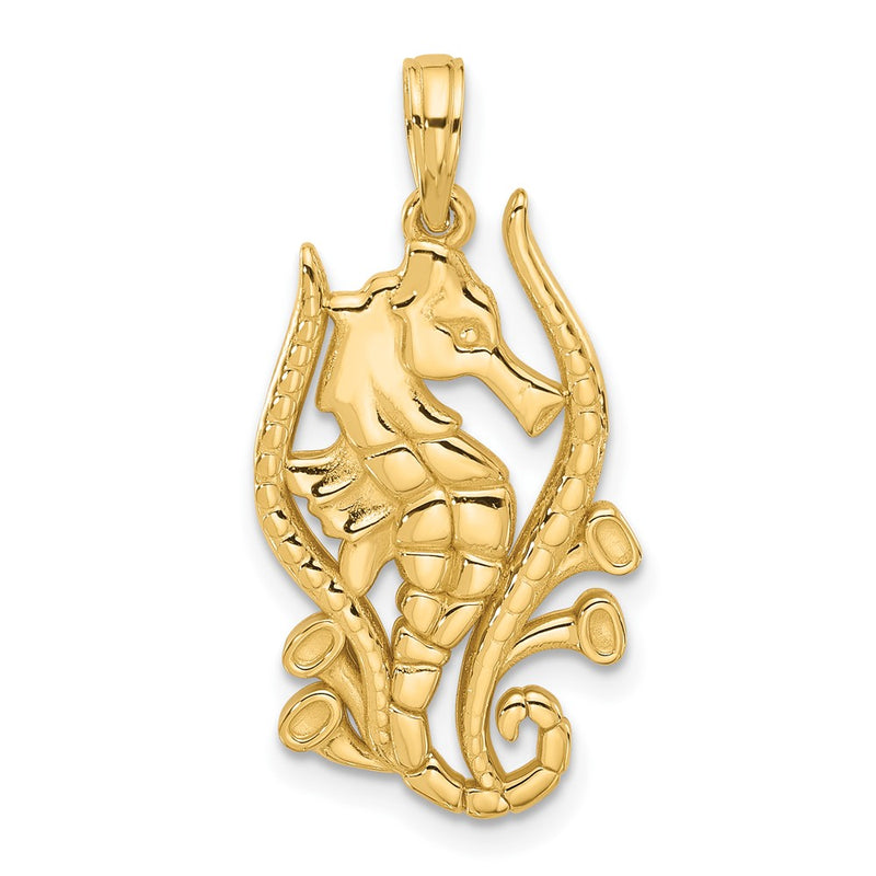 14K Yellow Gold Polished Fancy Seahorse in Kelp Charm