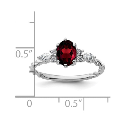 14K White Gold Diamond and 7x5 Oval January/Garnet Size 7 Twisted Ring