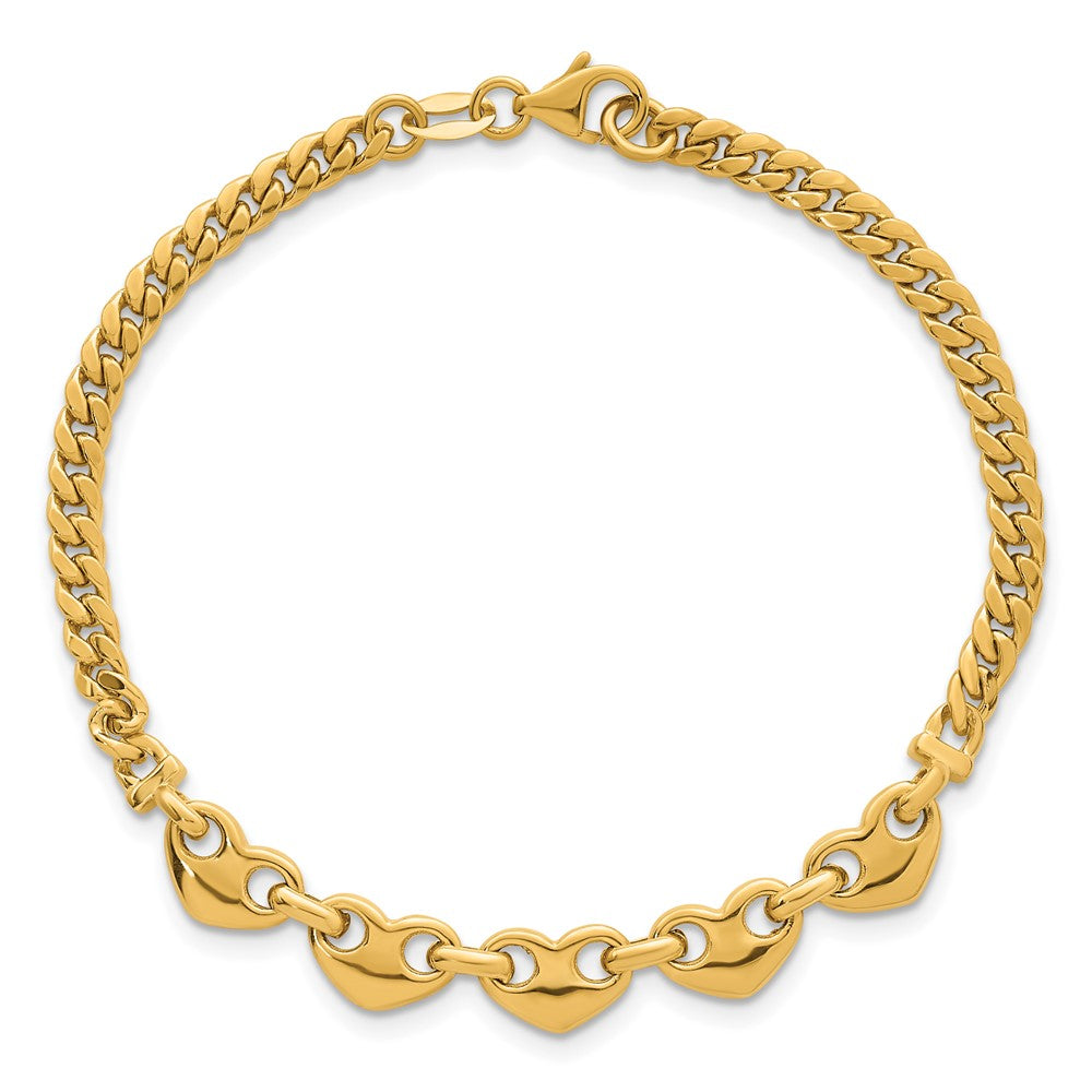 14K Yellow Gold Polished Five Hearts with Curb Link 7 Inch Bracelet
