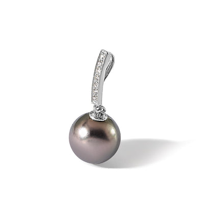 14K White Gold 10-11mm Black Round Tahitian Saltwater Cultured Pearl and .07 Carat Diamond Dangle Chain Slide