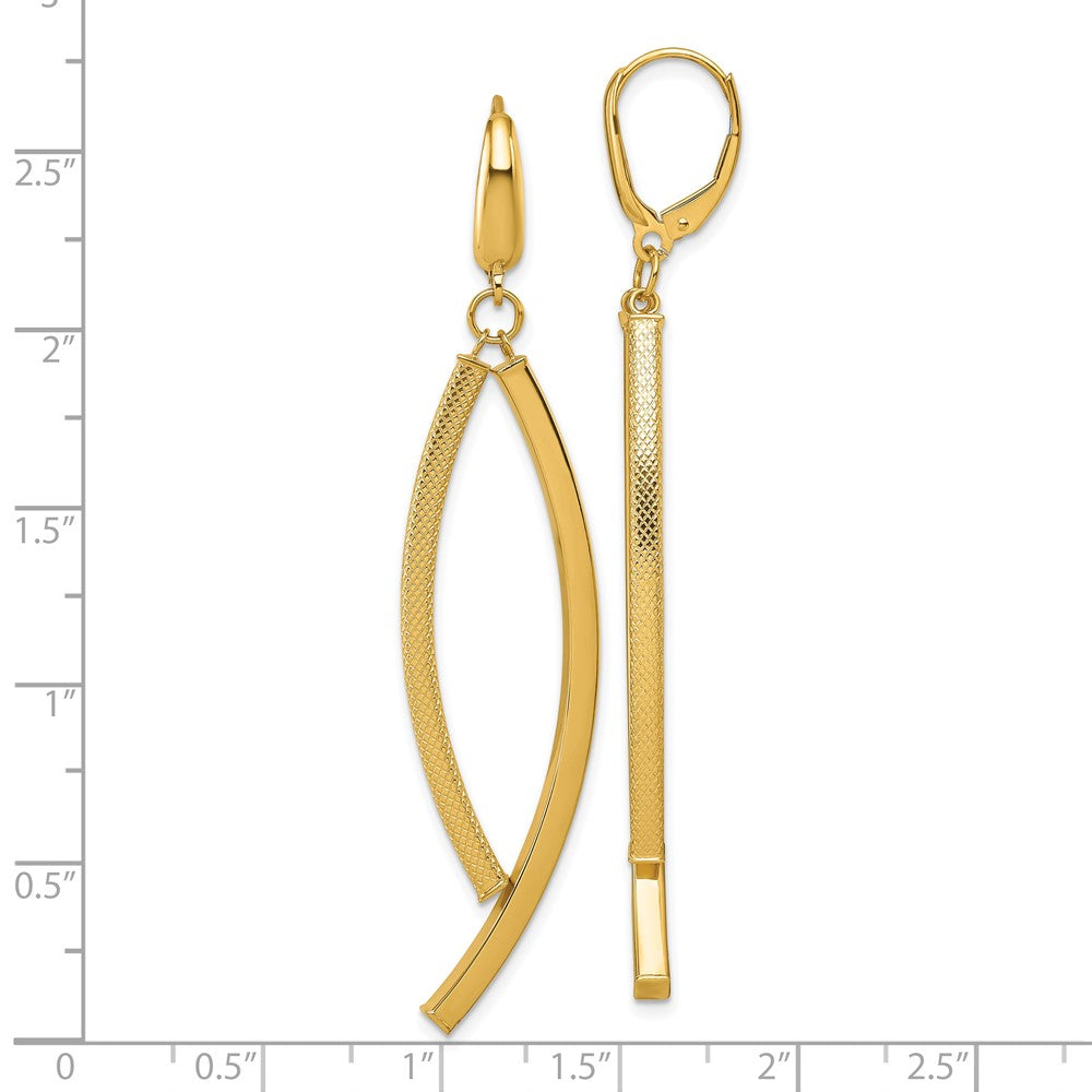 14K Yellow Gold Polished and Textured Curved Bars Dangle Leverback Earrings