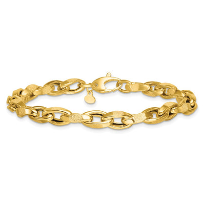 14K Yellow Gold Polished Fancy Textured Oval Twisted Open Link Chain Bracelet
