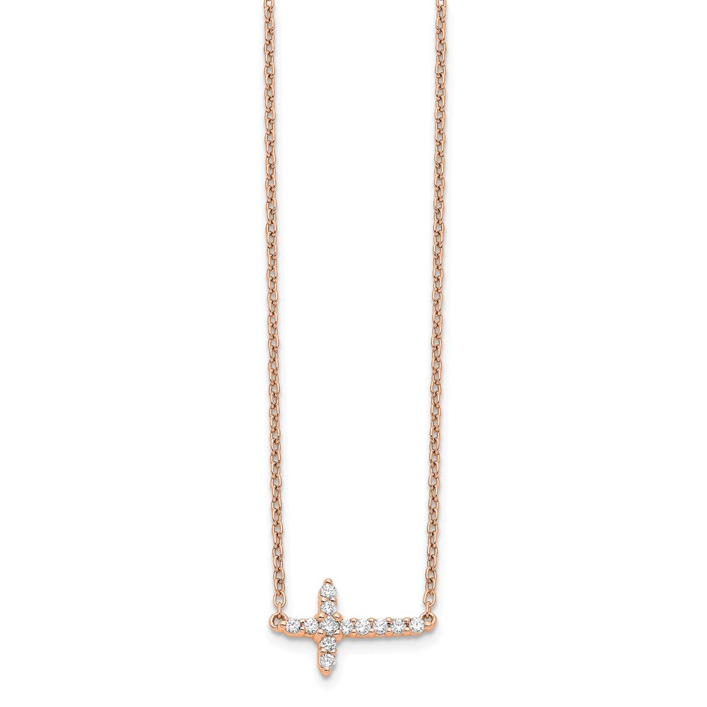14K Rose Gold 1/6 carat Diamond Sideways Cross 18 Inch Necklace