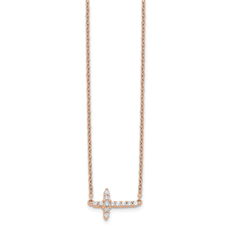 14K Rose Gold 1/6 carat Diamond Sideways Cross 18 Inch Necklace