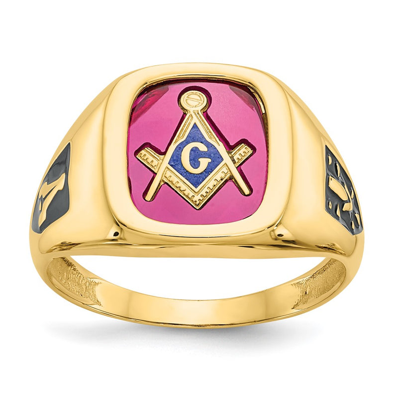 14K Yellow Gold Men's Polished and Textured with Black Enamel and Lab Created Ruby Masonic Ring