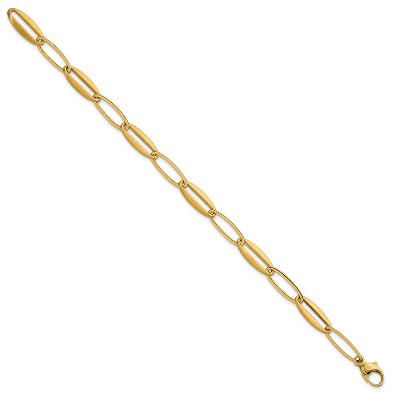 14K Yellow Gold Brushed and Polished 7.25mm Long Oval Link 7.5 Inch Bracelet