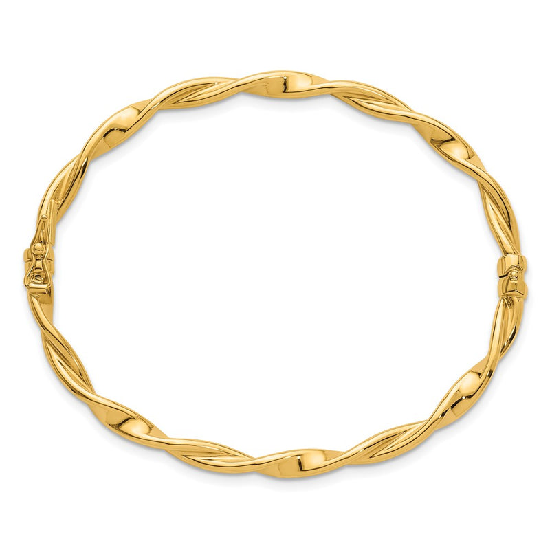 14K Yellow Gold Polished and Twisted 3.80mm Hinged Oval Bangle Bracelet