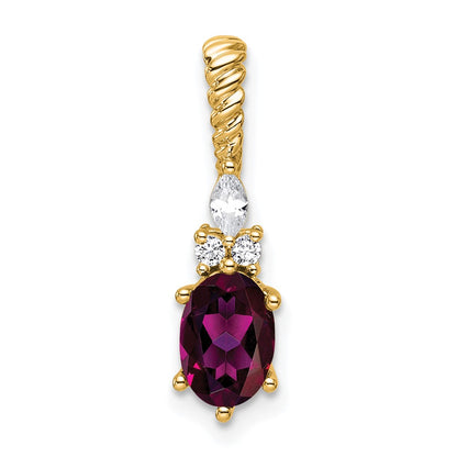 14K Yellow Gold Diamond and 7x5 Oval June/Rhodolite Garnet Twisted Chain Slide