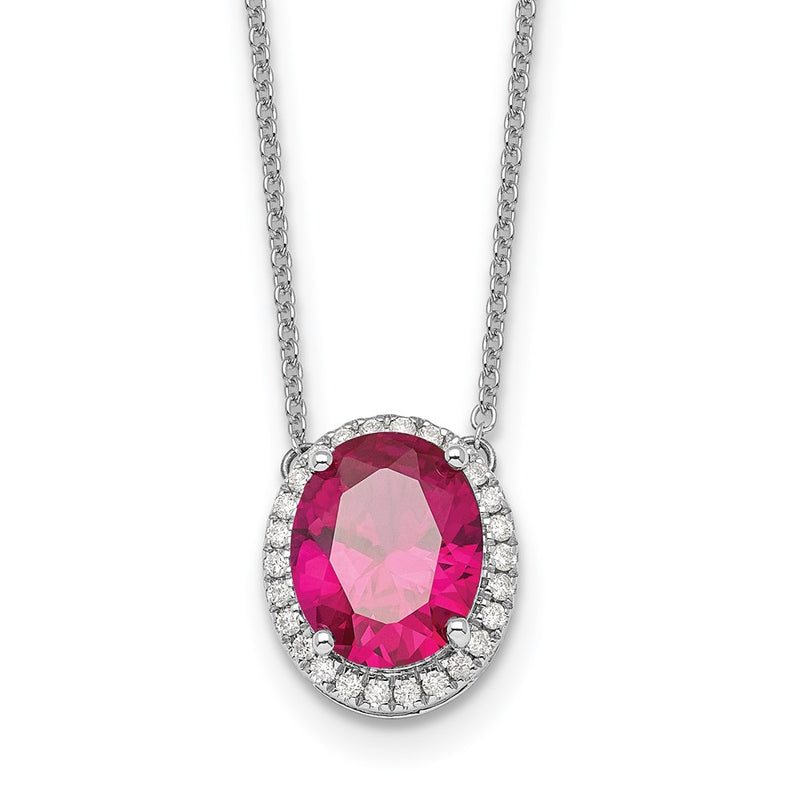 14K White Gold 10x8mm Oval Lab Created Ruby and Diamond Halo 18 Inch Necklace