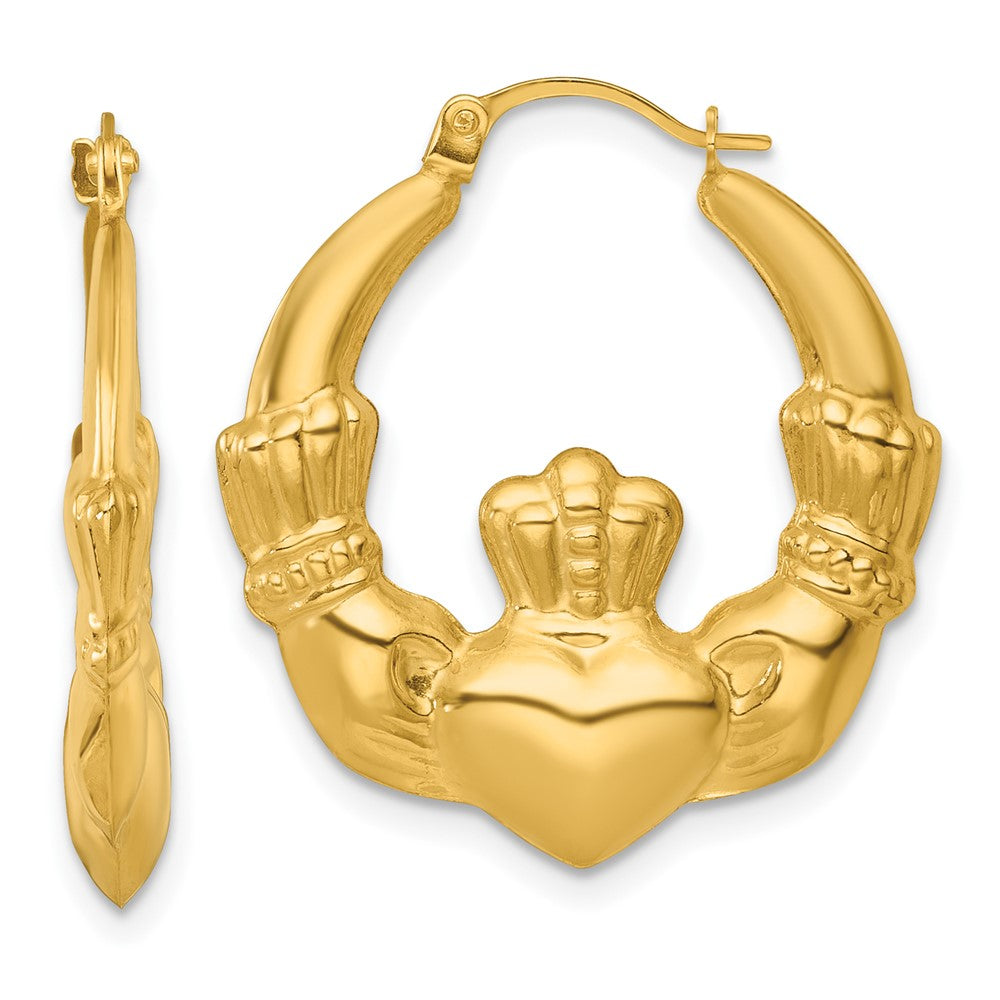 14K Yellow Gold Polished 24.00mm Claddagh Hollow Hoop Earrings