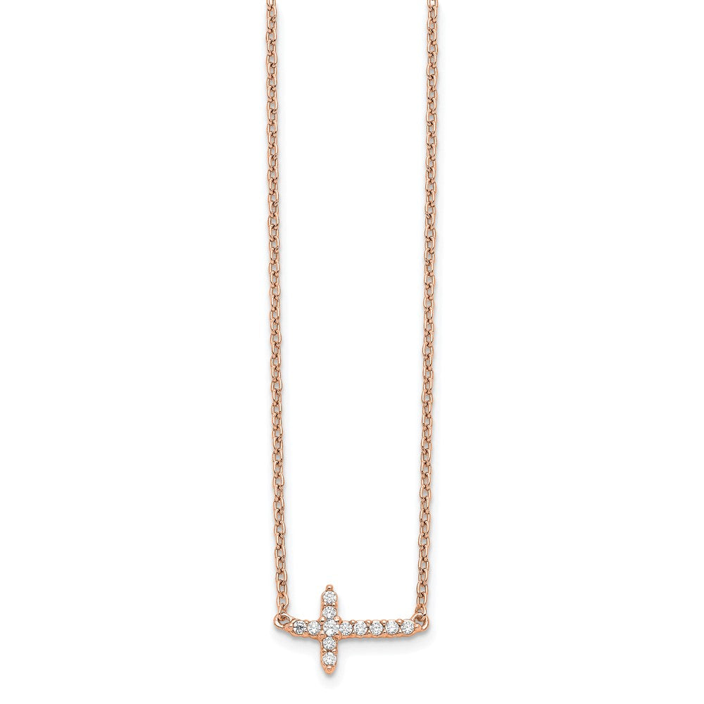 14K Rose Gold 1/10 carat Diamond Sideways Cross 18 Inch Necklace