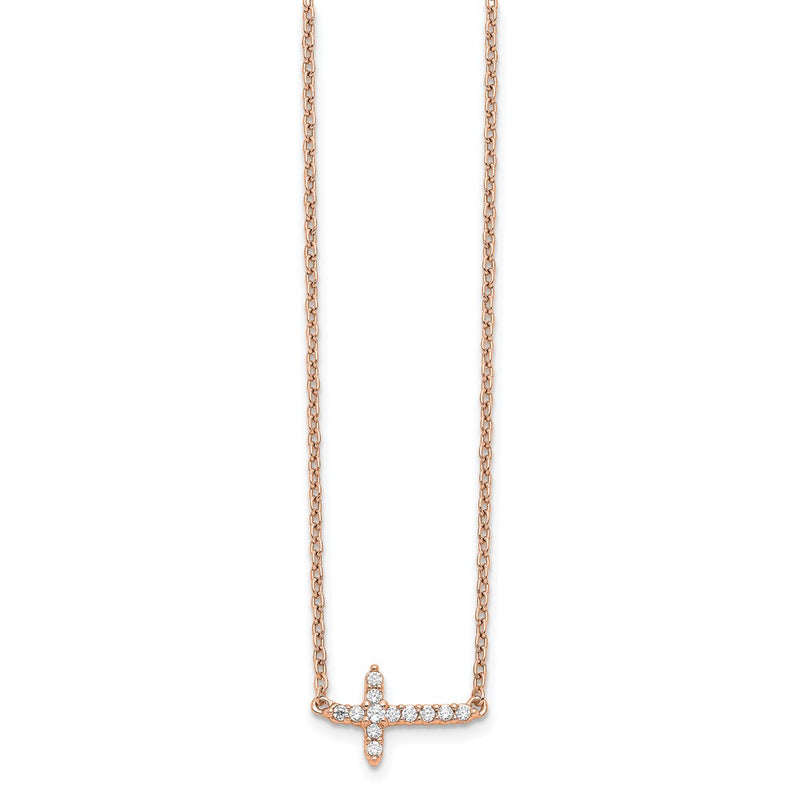 14K Rose Gold 1/10 carat Diamond Sideways Cross 18 Inch Necklace