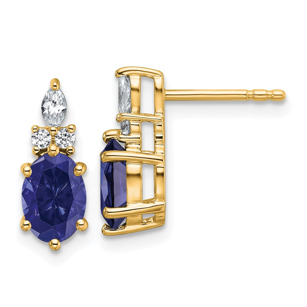 14K Yellow Gold Diamond and 7x5 Oval September/Lab Created Sapphire Post Earrings