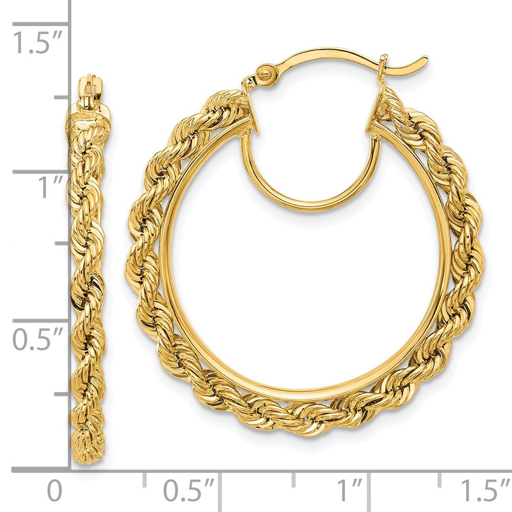 14K Yellow Gold Polished and D/C Rope 2.95mm Hoop Earrings