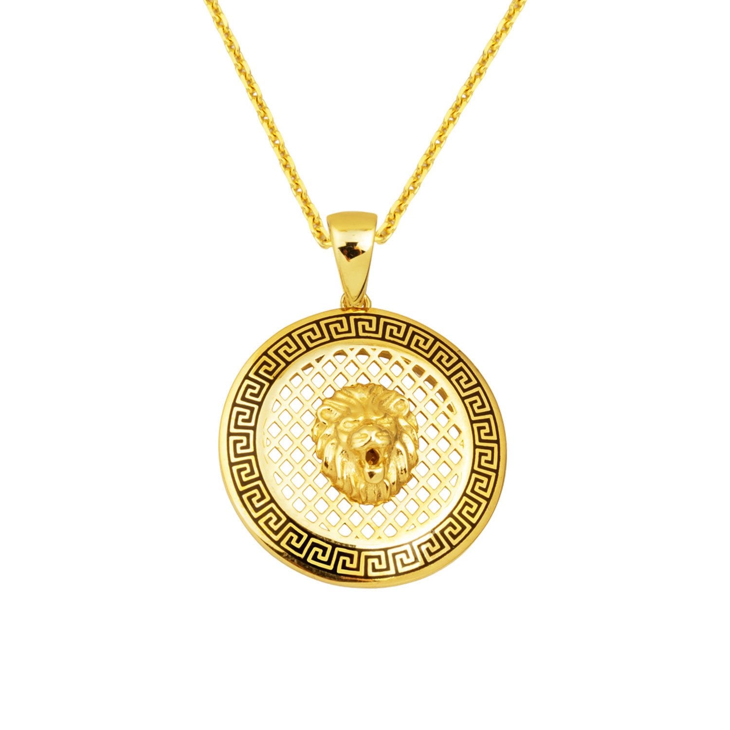 14K Yellow Gold Lion Medallion Enamel Necklace