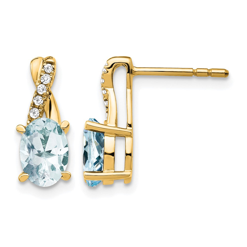 14K Yellow Gold 7x5 Oval March/Aquamarine and Diamond Post Earrings