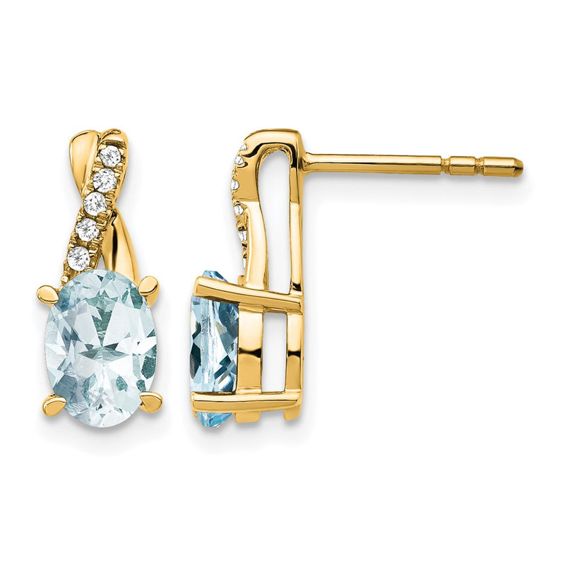 14K Yellow Gold 7x5 Oval March/Aquamarine and Diamond Post Earrings