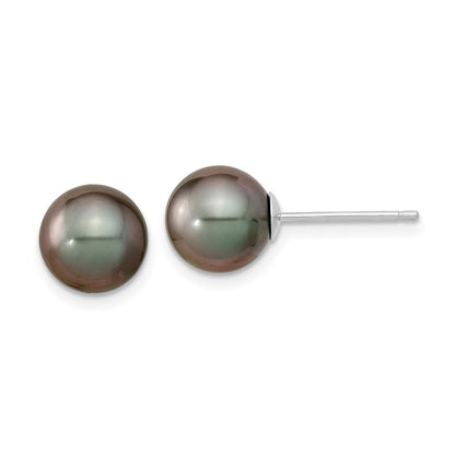 14K White Gold 8-9mm Black Round Tahitian Saltwater Cultured Pearl Post Earrings