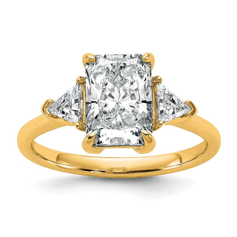 14K Yellow Gold 2 1/2 carat Certified Lab Grown Diamond VS/SI+ G+ Radiant and Triangle Complete Three Stone Engagement Ring