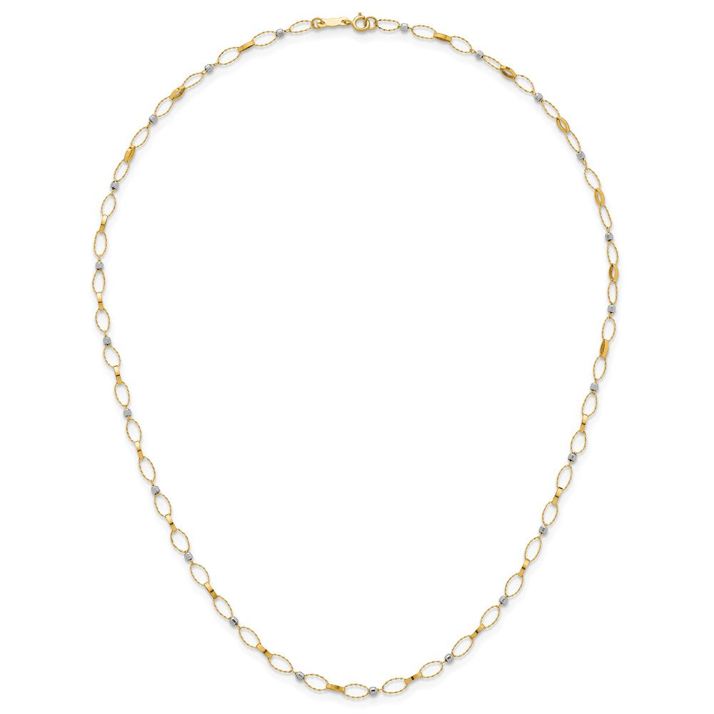 14K Two-Tone Gold Two-tone Polished and Twisted Fancy Oval Links and Faceted Beads 18 Inch Necklace