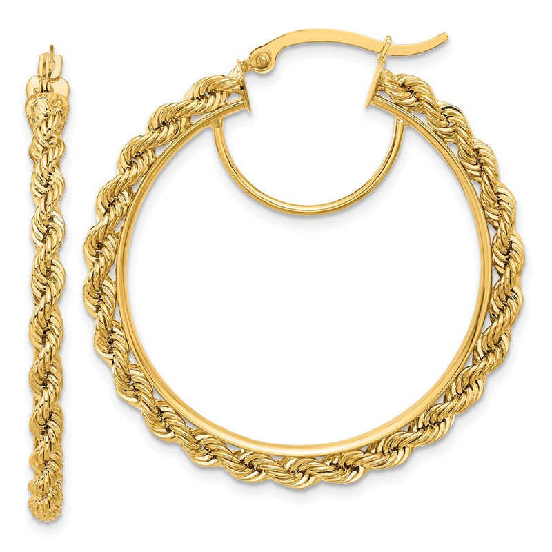 14K Yellow Gold Polished and D/C Rope 2.95mm Hoop Earrings
