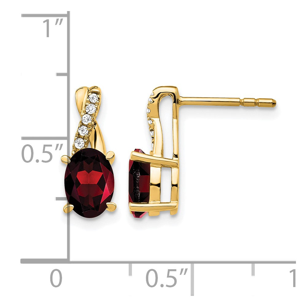 14K Yellow Gold 7x5 Oval January/Garnet and Diamond Post Earrings