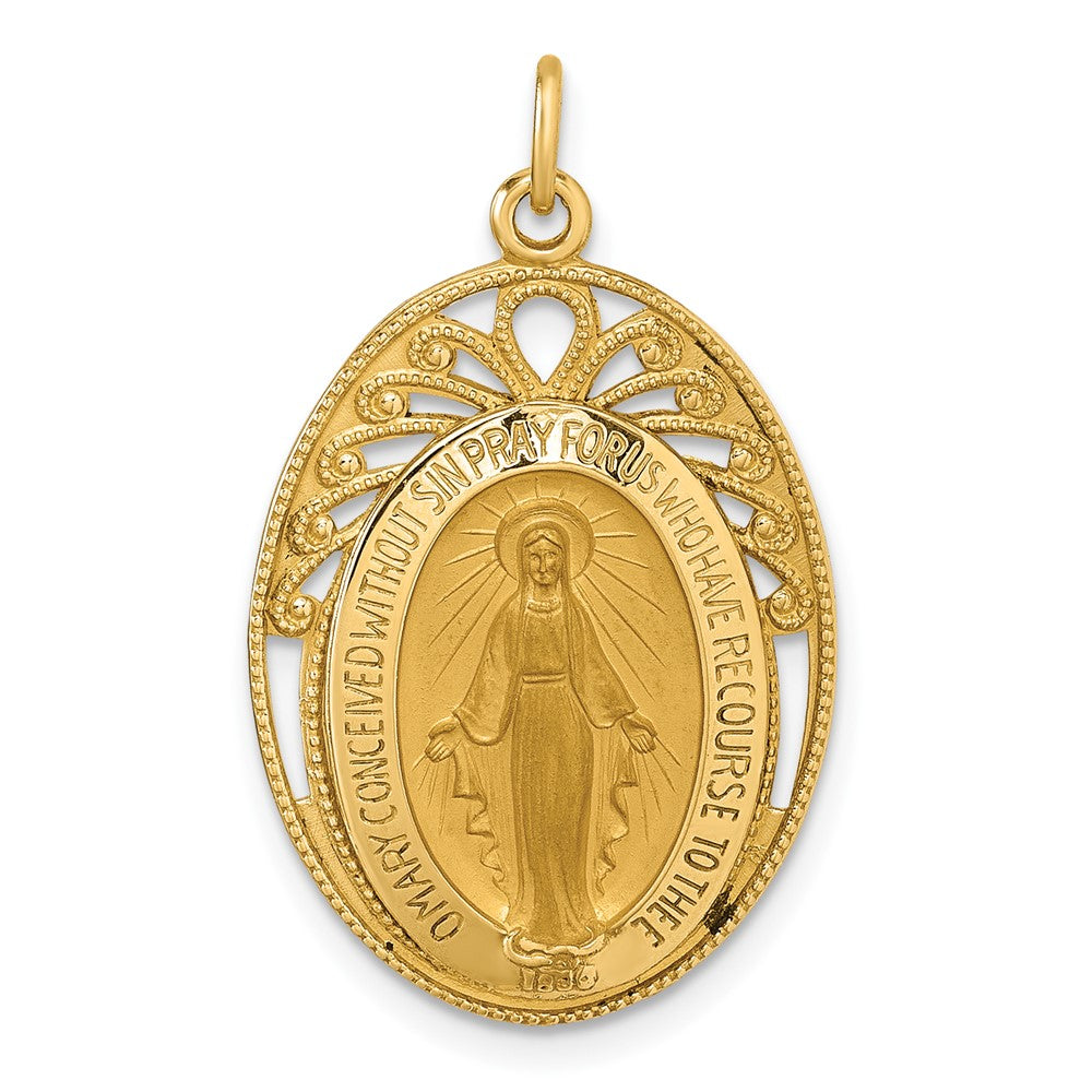 14K Yellow Gold Polished and Satin Semi-solid Miraculous Medal in Frame Oval Pendant