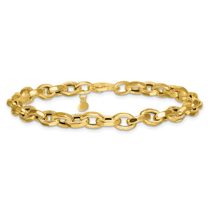 14K Yellow Gold Polished Fancy Textured Oval Open Link Chain Bracelet