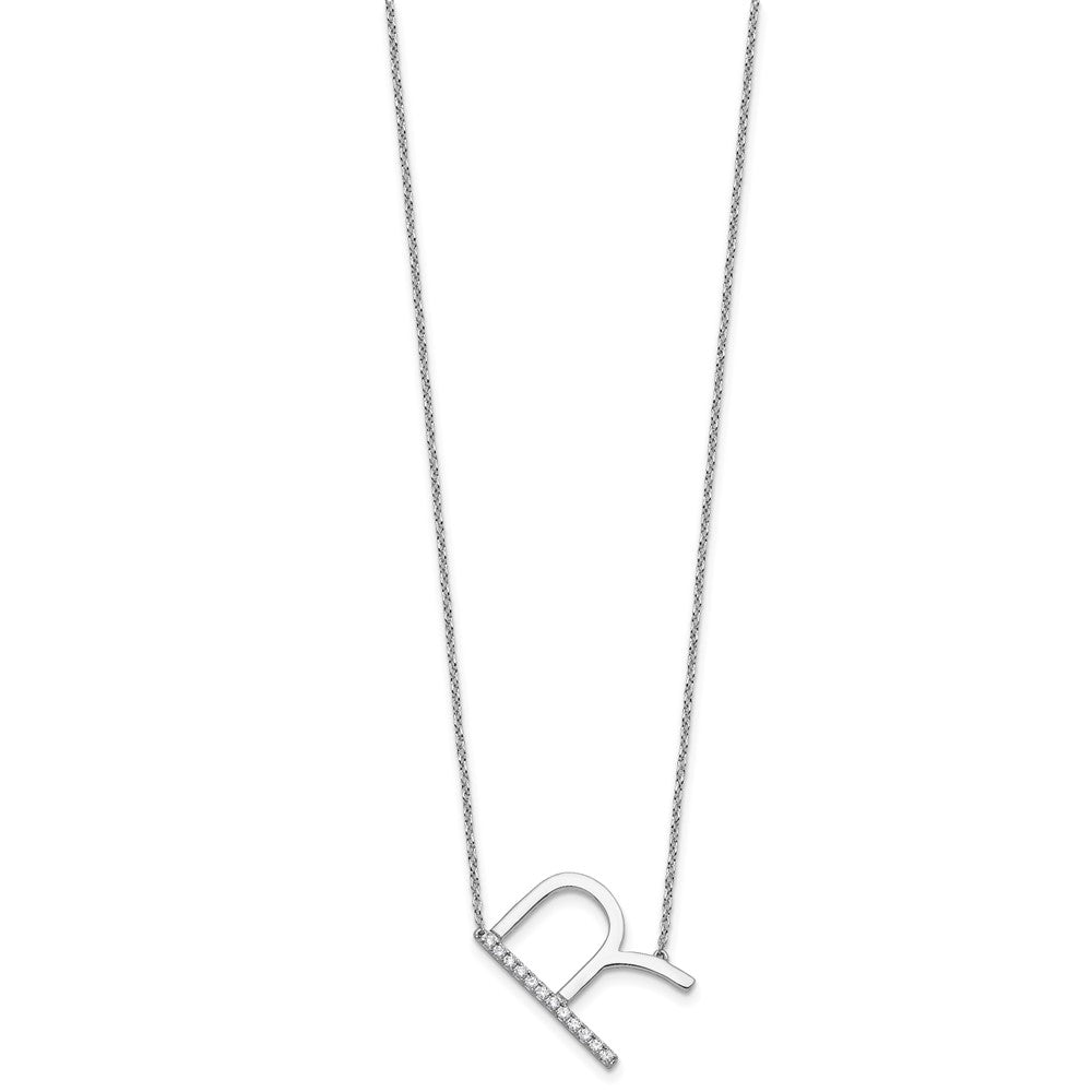 14K White Gold Sideways Diamond Initial R 18 Inch Necklace