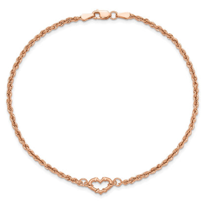 14K Rose Gold Diamond-cut Open Heart and Rope Chain Bracelet